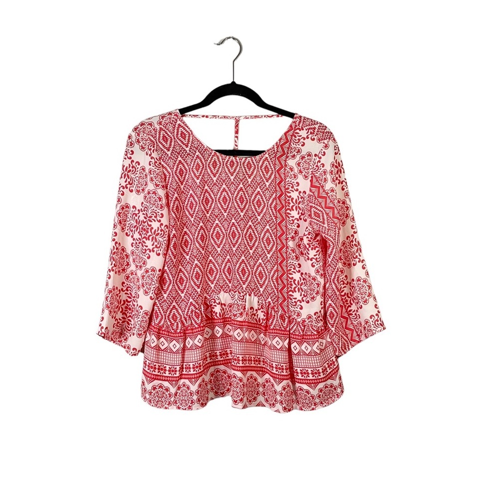 Collective Concepts Cutout Boho Flowy Peplum Ref White Patterned Blouse Small - Picture 2 of 6